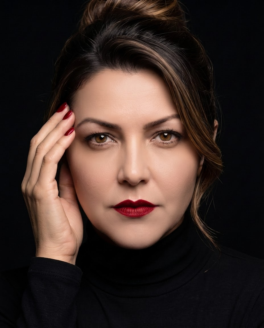 Retrato feminino com batom vermelho, aparência típica de imagem gerada por IA