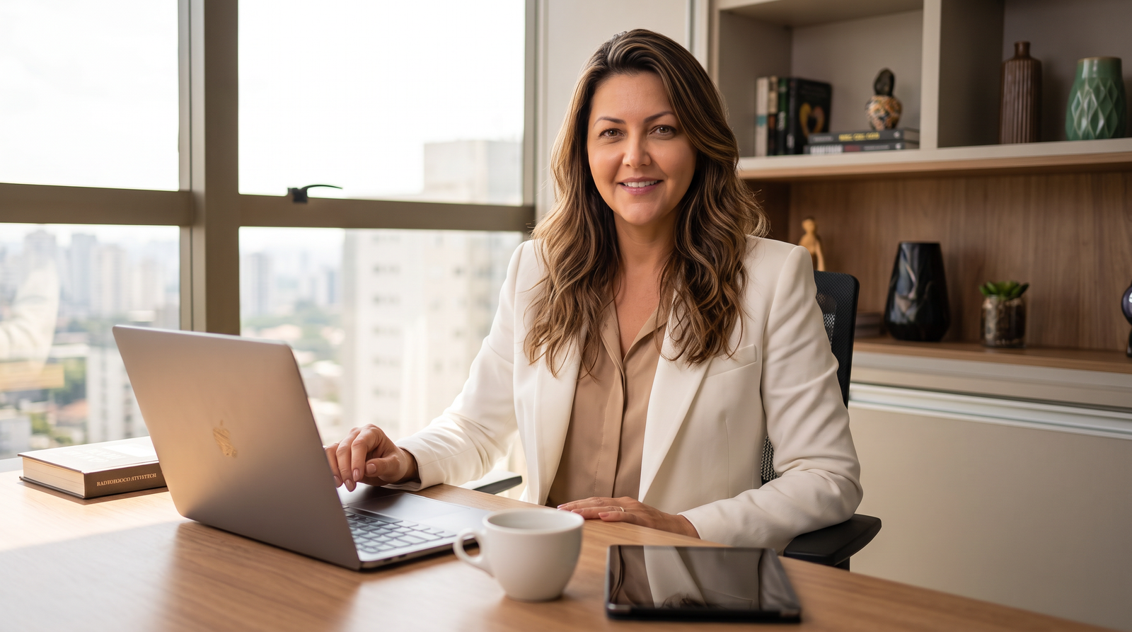 Retrato corporativo feminino em escritório moderno