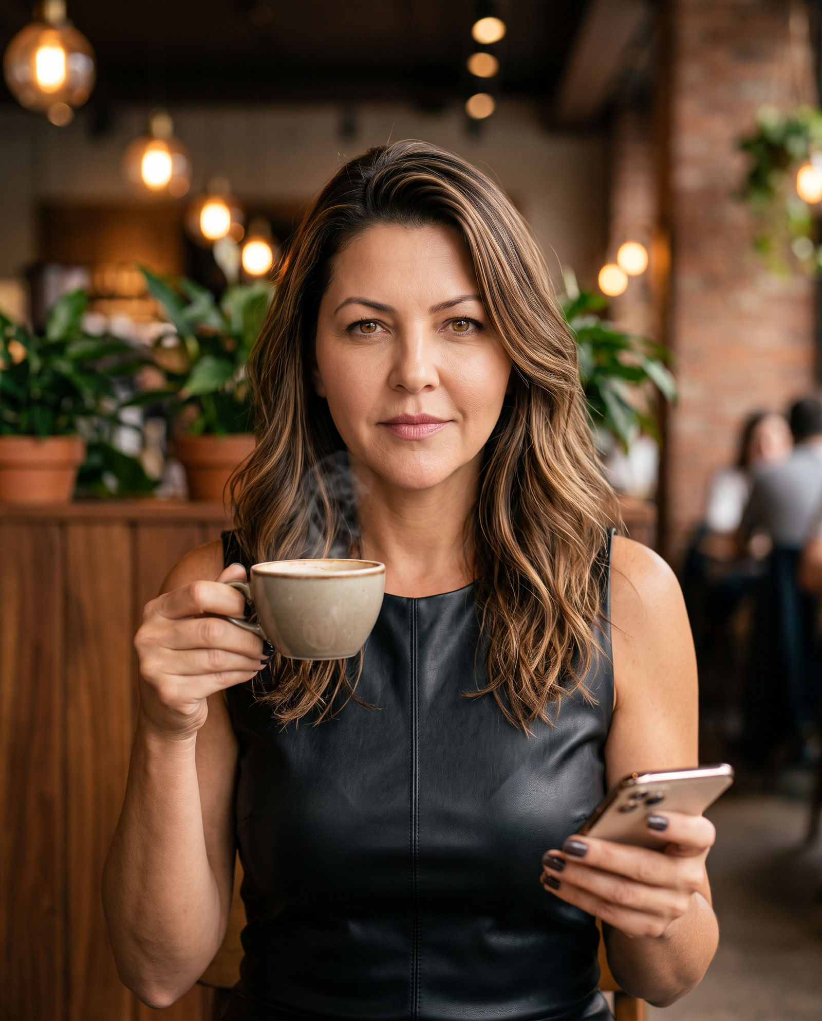 Retrato feminino em cafeteria com café e smartphone