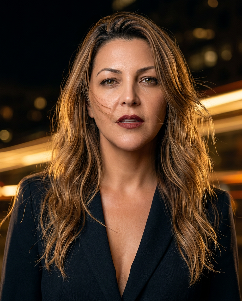 Retrato feminino com blazer e luz dourada noturna