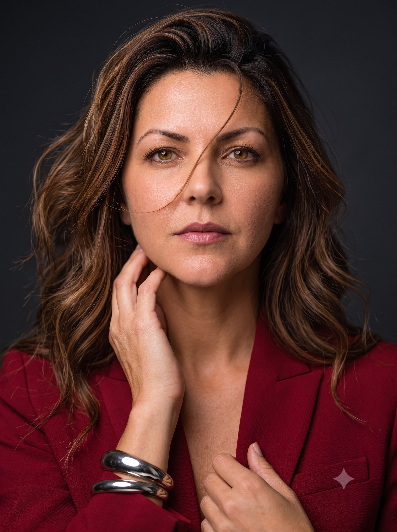 Retrato editorial de mulher com blazer vermelho
